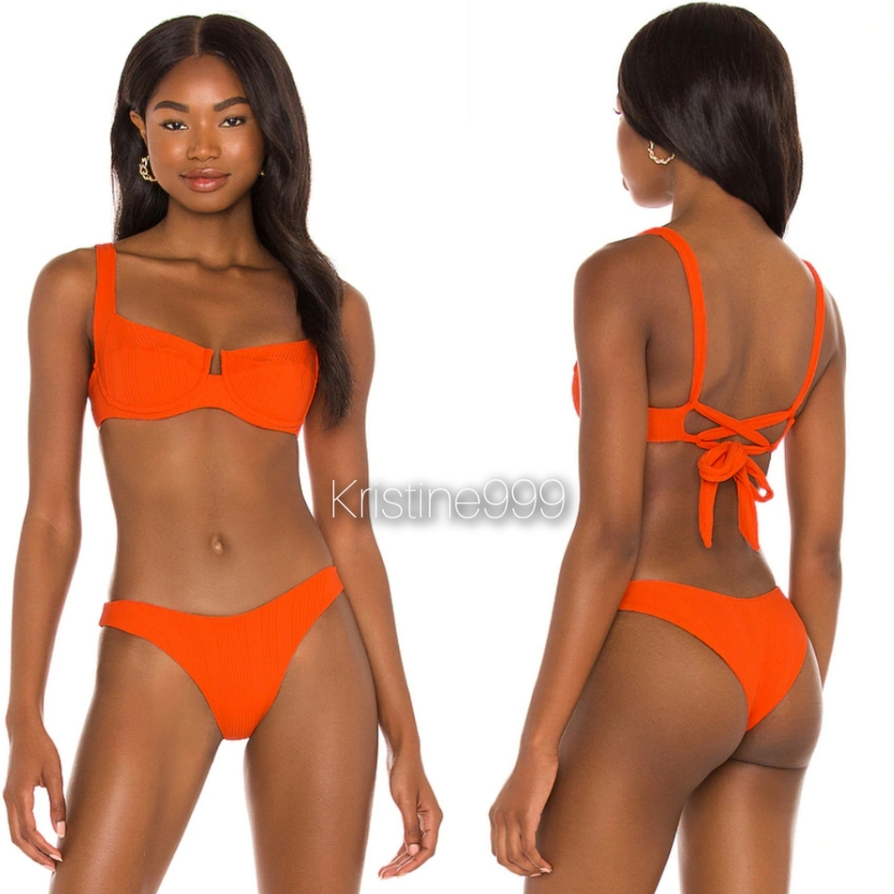 L*Space Camellia Top Cabana Bitsy SET Pointelle Rib Texture in Poppy Orange NWT